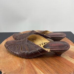 Pikolinos Leather Slides Mules Kitten Heel Cutout Contrast Stitch 38 (US 7.5-8)
